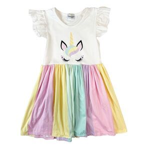 Hunny Bee Kids Dress Girls 7-8T Unicorn Rainbow Flutter Sleeves Stretch